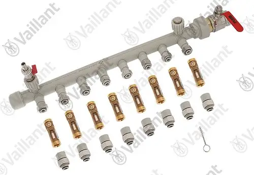 Vaillant Verteiler mit mehreren Ausgängen, ausgestattet mit verschiedenen Ventilen und Anschlussstücken für hydraulische Systeme.